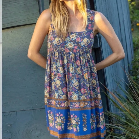 NATURAL LIFE Dresses & Skirts - NATURAL LIFE Tricia Mini Dress Cotton Blue Yellow Rose Floral Boho Spring L- EUC